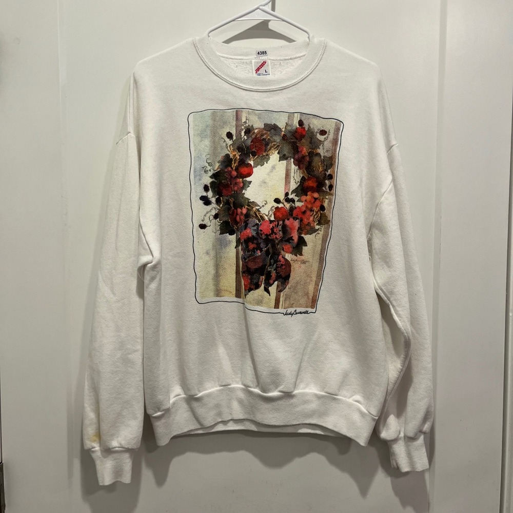 Vintage Jerzees Judy Buswell Wreath Sweatshirt White Large Made in USA Graphic